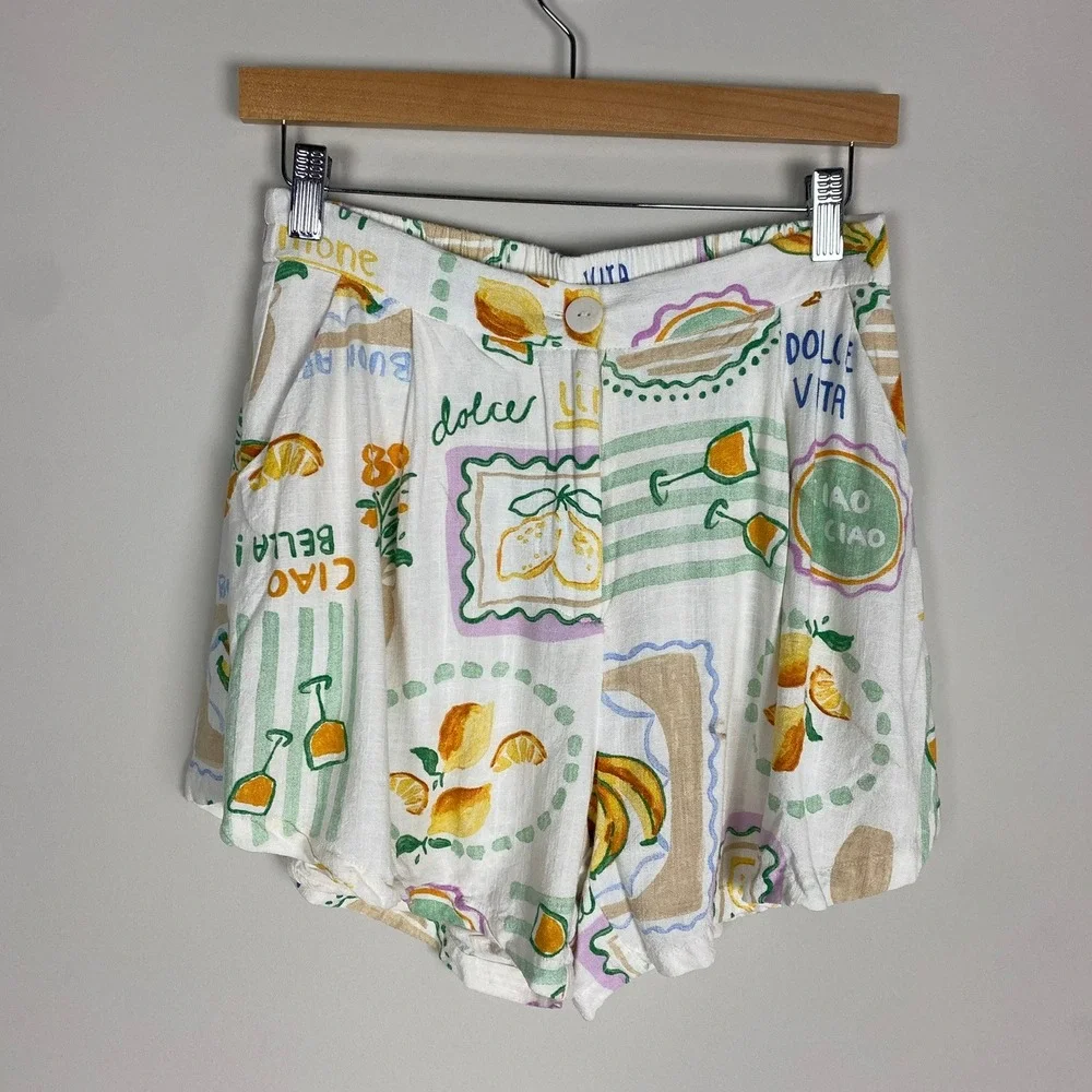 Paper Heart Dolce Vita Lemon Print Shorts Medium Linen Blend Italy Vacation